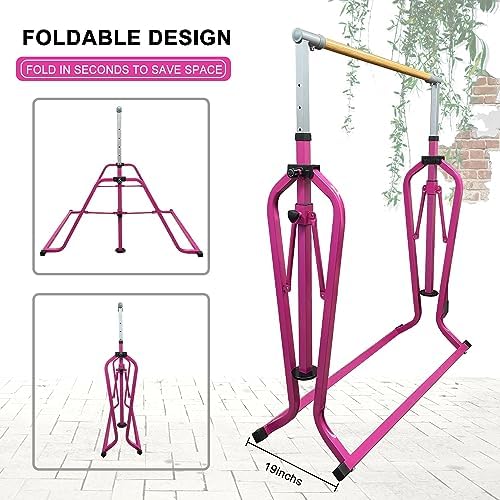 Foldable & Moveable Gymnastics Horizontal Bar with Rings 3 to 5 Adjustable Height Expandable Junior Kip Bar for Home Indoor Gym Equipment for Kids