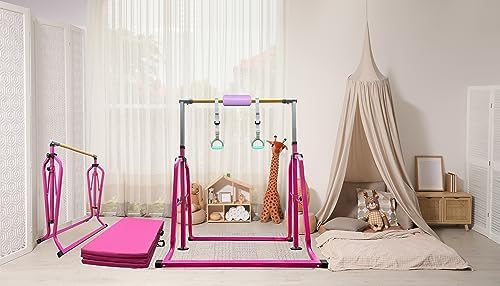 Foldable & Moveable Gymnastics Horizontal Bar with Rings 3 to 5 Adjustable Height Expandable Junior Kip Bar for Home Indoor Gym Equipment for Kids