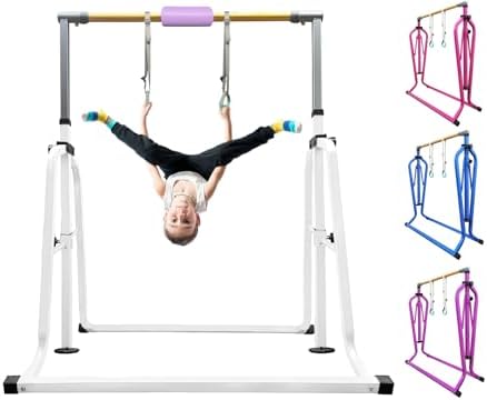 Foldable & Moveable Gymnastics Horizontal Bar with Rings 3 to 5 Adjustable Height Expandable Junior Kip Bar for Home Indoor Gym Equipment for Kids