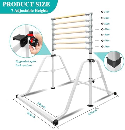 Foldable & Moveable Gymnastics Horizontal Bar with Rings 3 to 5 Adjustable Height Expandable Junior Kip Bar for Home Indoor Gym Equipment for Kids