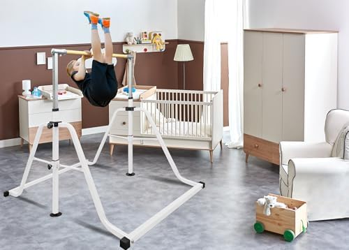 Foldable & Moveable Gymnastics Horizontal Bar with Rings 3 to 5 Adjustable Height Expandable Junior Kip Bar for Home Indoor Gym Equipment for Kids