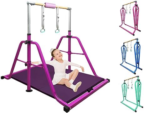 Foldable & Moveable Gymnastics Horizontal Bar with Rings 3 to 5 Adjustable Height Expandable Junior Kip Bar for Home Indoor Gym Equipment for Kids