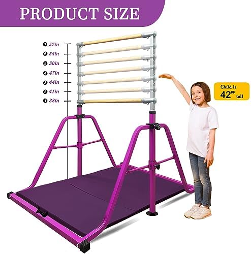 Foldable & Moveable Gymnastics Horizontal Bar with Rings 3 to 5 Adjustable Height Expandable Junior Kip Bar for Home Indoor Gym Equipment for Kids