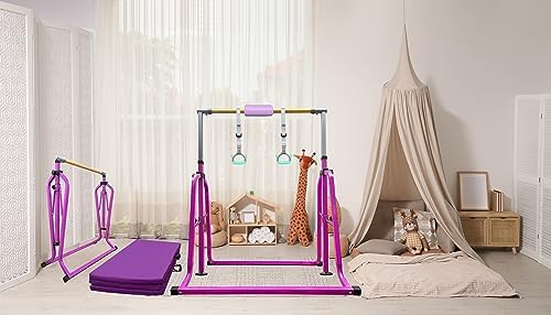 Foldable & Moveable Gymnastics Horizontal Bar with Rings 3 to 5 Adjustable Height Expandable Junior Kip Bar for Home Indoor Gym Equipment for Kids