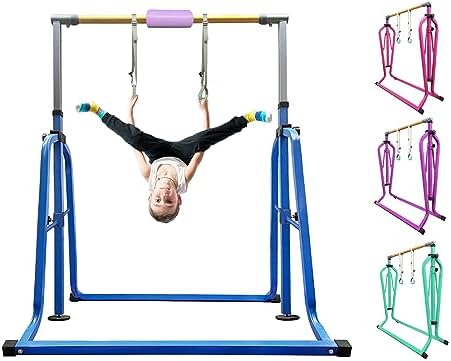 Foldable & Moveable Gymnastics Horizontal Bar with Rings 3 to 5 Adjustable Height Expandable Junior Kip Bar for Home Indoor Gym Equipment for Kids