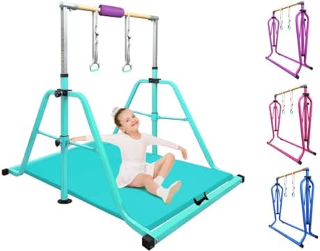 Foldable & Moveable Gymnastics Horizontal Bar with Rings 3 to 5 Adjustable Height Expandable Junior Kip Bar for Home Indoor Gym Equipment for Kids