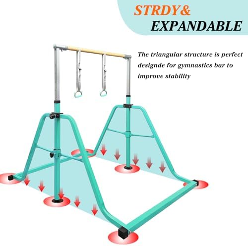 Foldable & Moveable Gymnastics Horizontal Bar with Rings 3 to 5 Adjustable Height Expandable Junior Kip Bar for Home Indoor Gym Equipment for Kids