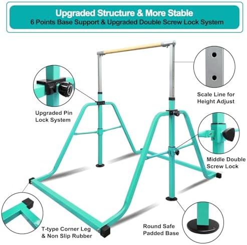 Foldable & Moveable Gymnastics Horizontal Bar with Rings 3 to 5 Adjustable Height Expandable Junior Kip Bar for Home Indoor Gym Equipment for Kids