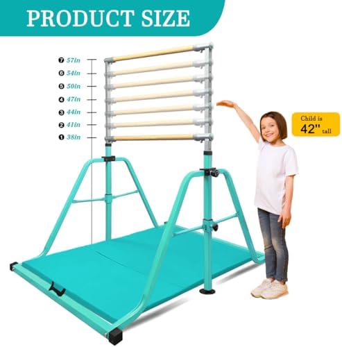 Foldable & Moveable Gymnastics Horizontal Bar with Rings 3 to 5 Adjustable Height Expandable Junior Kip Bar for Home Indoor Gym Equipment for Kids