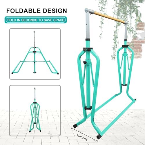Foldable & Moveable Gymnastics Horizontal Bar with Rings 3 to 5 Adjustable Height Expandable Junior Kip Bar for Home Indoor Gym Equipment for Kids
