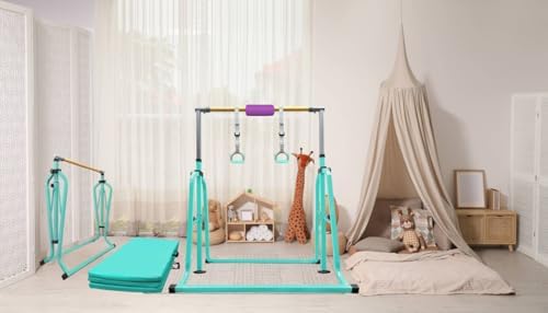 Foldable & Moveable Gymnastics Horizontal Bar with Rings 3 to 5 Adjustable Height Expandable Junior Kip Bar for Home Indoor Gym Equipment for Kids