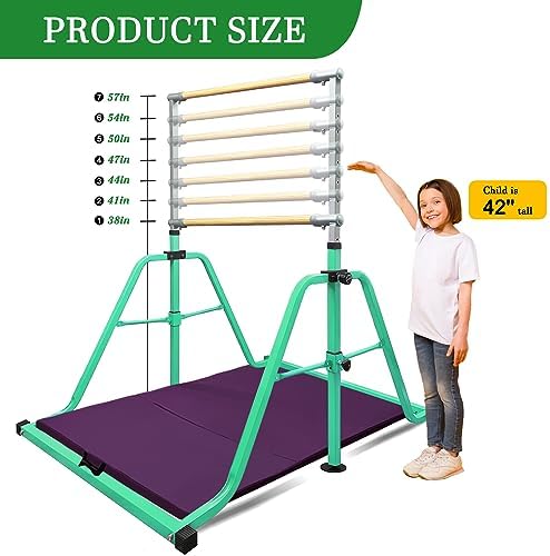 Foldable & Moveable Gymnastics Horizontal Bar with Rings 3 to 5 Adjustable Height Expandable Junior Kip Bar for Home Indoor Gym Equipment for Kids
