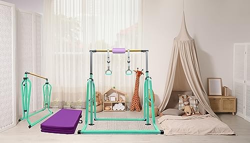Foldable & Moveable Gymnastics Horizontal Bar with Rings 3 to 5 Adjustable Height Expandable Junior Kip Bar for Home Indoor Gym Equipment for Kids
