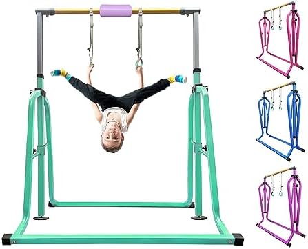 Foldable & Moveable Gymnastics Horizontal Bar with Rings 3 to 5 Adjustable Height Expandable Junior Kip Bar for Home Indoor Gym Equipment for Kids