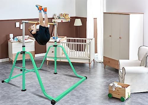 Foldable & Moveable Gymnastics Horizontal Bar with Rings 3 to 5 Adjustable Height Expandable Junior Kip Bar for Home Indoor Gym Equipment for Kids