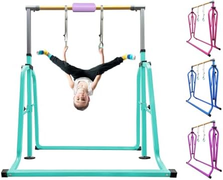 Foldable & Moveable Gymnastics Horizontal Bar with Rings 3 to 5 Adjustable Height Expandable Junior Kip Bar for Home Indoor Gym Equipment for Kids