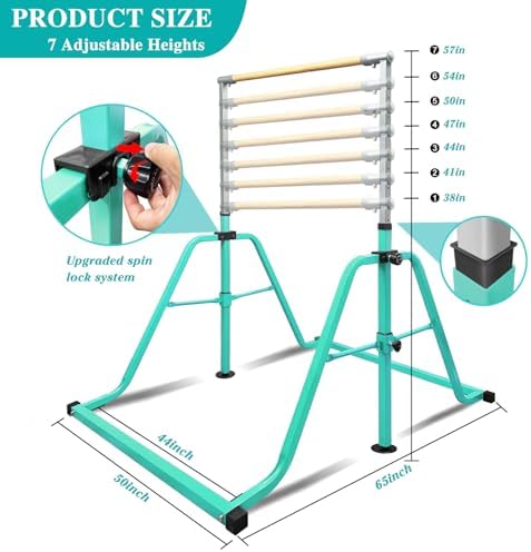 Foldable & Moveable Gymnastics Horizontal Bar with Rings 3 to 5 Adjustable Height Expandable Junior Kip Bar for Home Indoor Gym Equipment for Kids