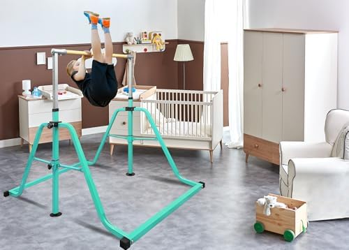 Foldable & Moveable Gymnastics Horizontal Bar with Rings 3 to 5 Adjustable Height Expandable Junior Kip Bar for Home Indoor Gym Equipment for Kids