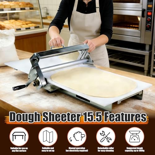 Folding Dough Sheeter  15 5  Folding Dough Rolling Machine Manual Dough Sheeter Stainless Steel Dough Machine With 55 Adjustable Thicknesses  Commercial Grade Capacity  1 Rolling Surface
