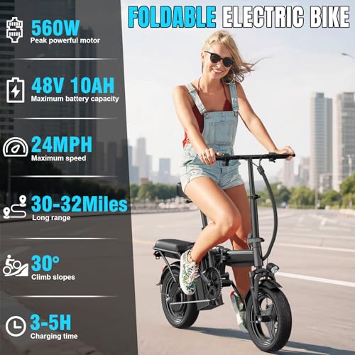 Folding Electric Bike for Adults and Teens, 560W Motor 24MPH Compact Commuter Ebike, 32 Miles Range, 48V 10Ah Battery, 3-Level Pedal Assist, 14" Foldable Mini Electric Bicycle, UL 2849 Certified