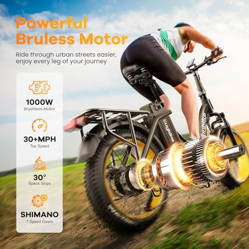 Folding Electric Bike for Adults with Peak 1000W Motor  48V 20AH Battery up to 30MPH 80 Miles  20 Fat Tire All Terrain Ebike  Front Suspension 7 Speed Commuter E Bike  Step Thru  UL Certified