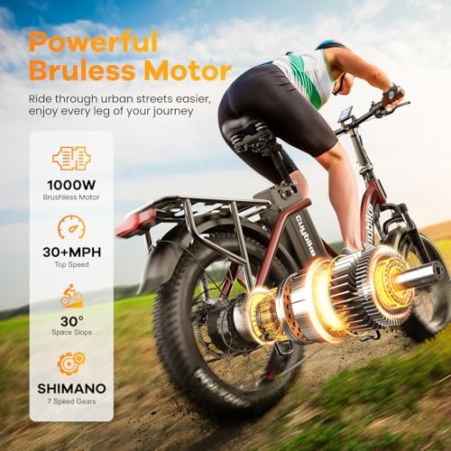 Folding Electric Bike for Adults with Peak 1000W Motor  48V 20AH Battery up to 30MPH 80 Miles  20 Fat Tire All Terrain Ebike  Front Suspension 7 Speed Commuter E Bike  Step Thru  UL Certified