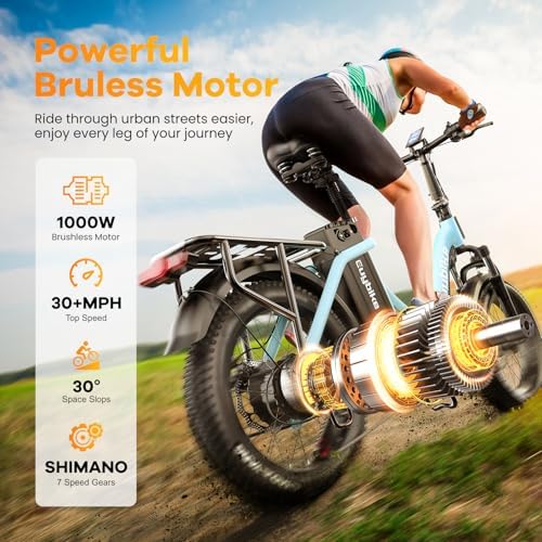 Folding Electric Bike for Adults with Peak 1000W Motor  48V 20AH Battery up to 30MPH 80 Miles  20 Fat Tire All Terrain Ebike  Front Suspension 7 Speed Commuter E Bike  Step Thru  UL Certified