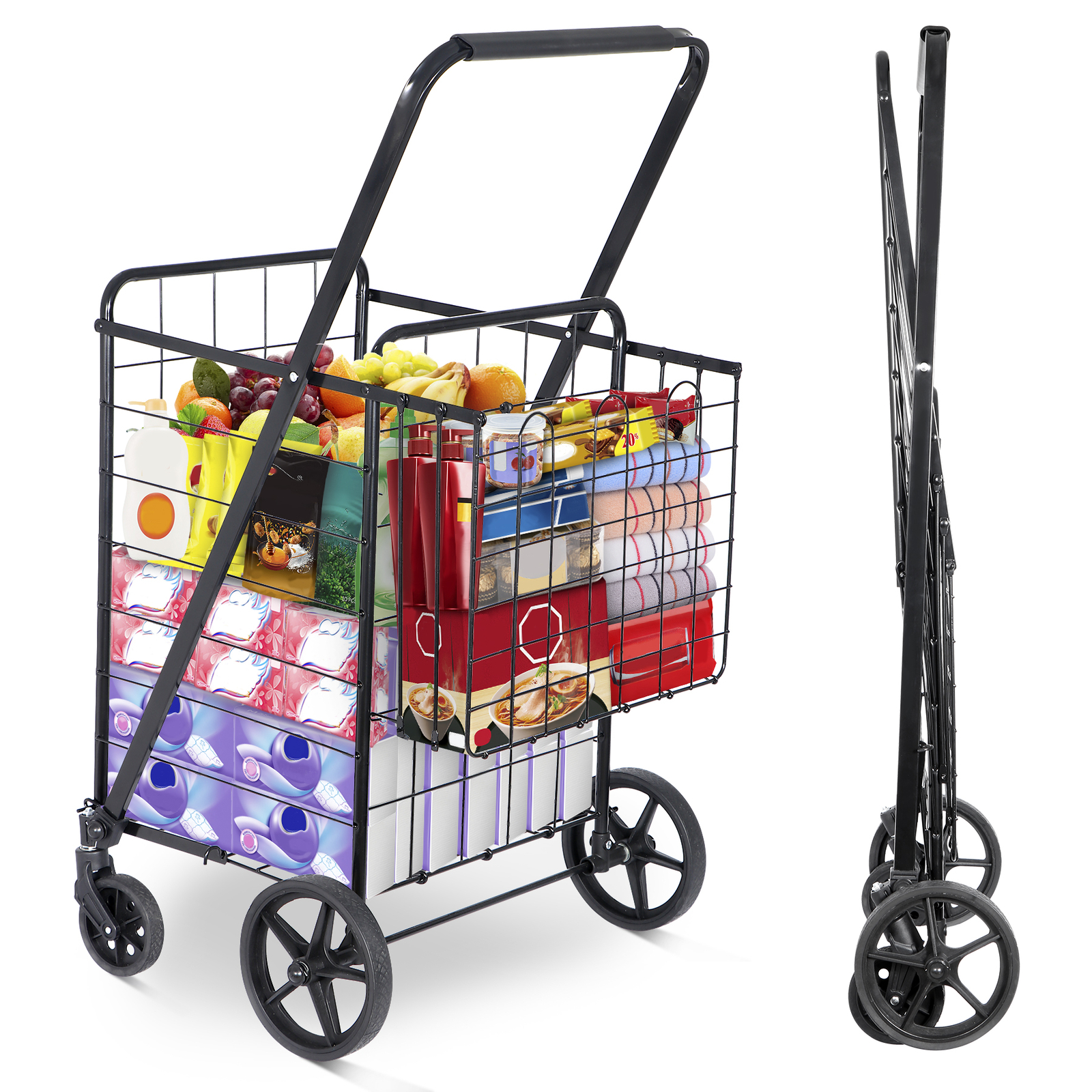 Folding Shopping Cart Utility Cart with Double Basket and Swivel Wheels 