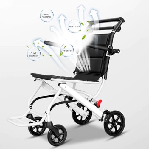 Folding Wheelchair Portable Transit Chair Lightweight Mobility Aid Wheel Chairs Four Wheel Rollator with Adjustable Safety Strap PU Wheels for Travel Adult Elderly Disable 200 lbs A