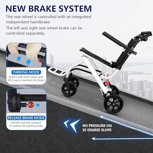 Folding Wheelchair Portable Transit Chair Lightweight Mobility Aid Wheel Chairs Four Wheel Rollator with Adjustable Safety Strap PU Wheels for Travel Adult Elderly Disable 200 lbs A