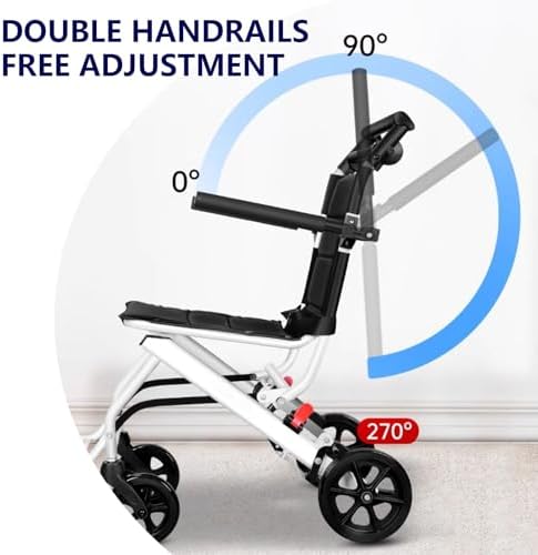 Folding Wheelchair Portable Transit Chair Lightweight Mobility Aid Wheel Chairs Four Wheel Rollator with Adjustable Safety Strap PU Wheels for Travel Adult Elderly Disable 200 lbs A