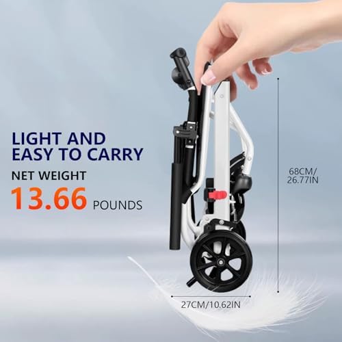 Folding Wheelchair Portable Transit Chair Lightweight Mobility Aid Wheel Chairs Four Wheel Rollator with Adjustable Safety Strap PU Wheels for Travel Adult Elderly Disable 200 lbs A