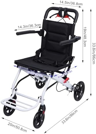Folding Wheelchair Portable Transit Chair Lightweight Mobility Aid Wheel Chairs Four Wheel Rollator with Adjustable Safety Strap PU Wheels for Travel Adult Elderly Disable 200 lbs A