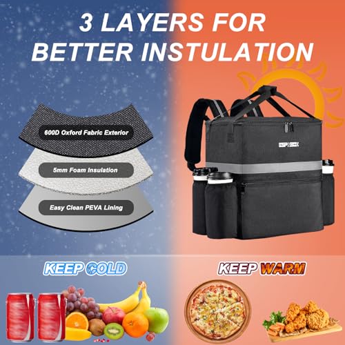 Food Delivery Backpack with 4 Cup Holder  Insulated Pizza Delivery Bag for Delivery Bike  Large Leakproof Delivery Bags for Hot/Cold Food for Uber Eats  Doordash  Postmates Black