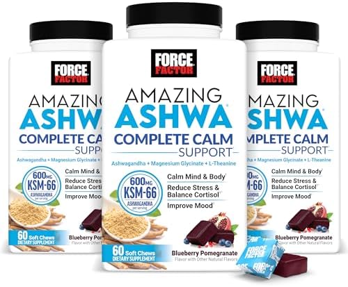 Force Factor Amazing Ashwa Complete Calm Support with KSM 66 Ashwagandha  Like Ashwangandha Gummies to Promote Calm & Relaxation with Magnesium & L Theanine  Blueberry Pomegranate  60 Soft Chews