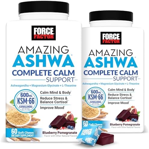 Force Factor Amazing Ashwa Complete Calm Support with KSM 66 Ashwagandha  Like Ashwangandha Gummies to Promote Calm & Relaxation with Magnesium & L Theanine  Blueberry Pomegranate  60 Soft Chews