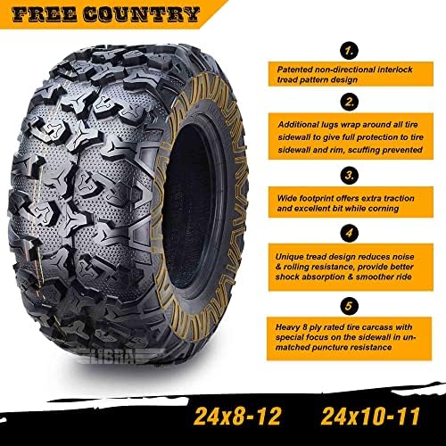 Free Country Set 4 HD 8PR UTV ATV Tires 24x8 12 & 24X10 11 w/Featured Full Side Lugs/Scuff Guard