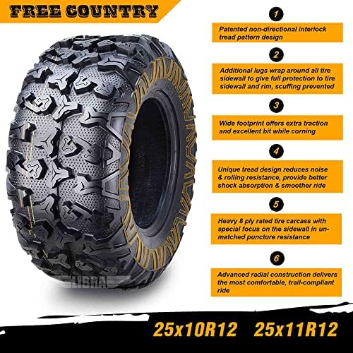 Free Country Set 4 HD 8PR UTV ATV Tires 24x8 12 & 24X10 11 w/Featured Full Side Lugs/Scuff Guard