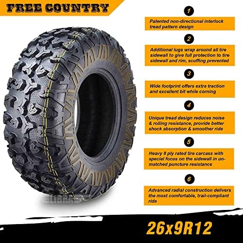 Free Country Set 4 HD 8PR UTV ATV Tires 24x8 12 & 24X10 11 w/Featured Full Side Lugs/Scuff Guard