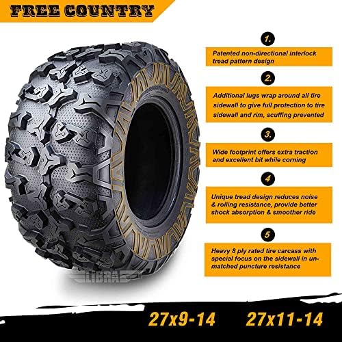 Free Country Set 4 HD 8PR UTV ATV Tires 24x8 12 & 24X10 11 w/Featured Full Side Lugs/Scuff Guard