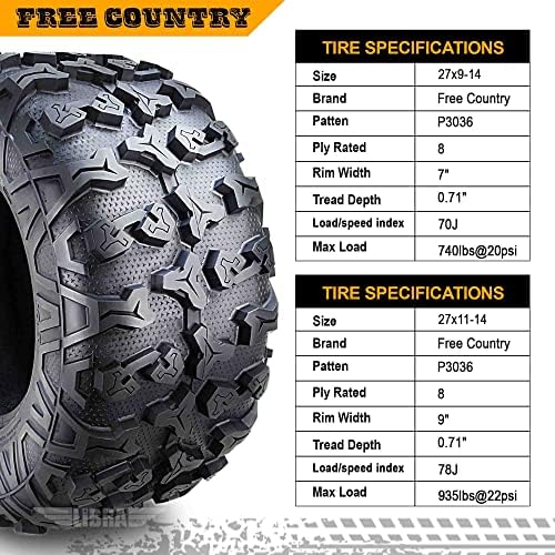 Free Country Set 4 HD 8PR UTV ATV Tires 24x8 12 & 24X10 11 w/Featured Full Side Lugs/Scuff Guard