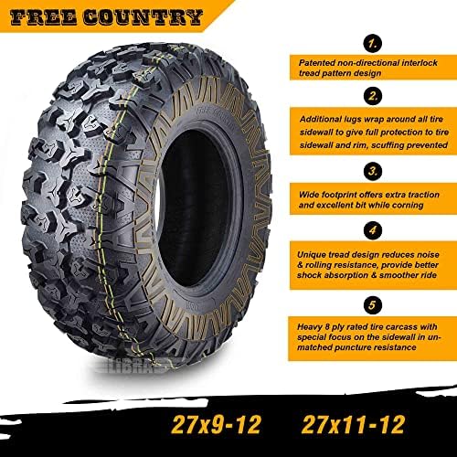 Free Country Set 4 HD 8PR UTV ATV Tires 24x8 12 & 24X10 11 w/Featured Full Side Lugs/Scuff Guard