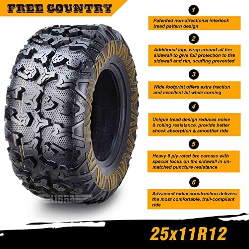 Free Country Set 4 HD 8PR UTV ATV Tires 24x8 12 & 24X10 11 w/Featured Full Side Lugs/Scuff Guard