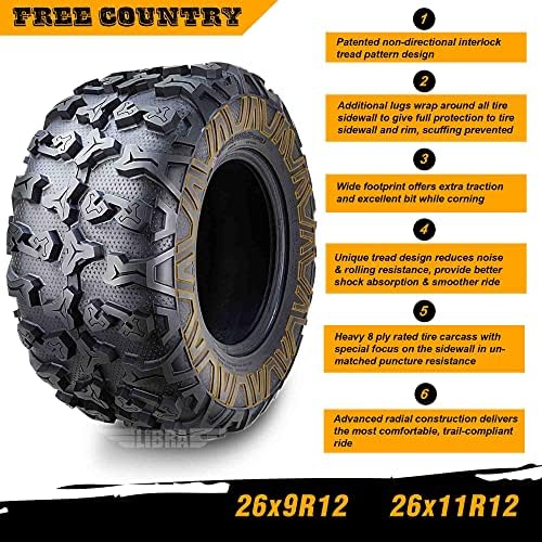 Free Country Set 4 HD 8PR UTV ATV Tires 24x8 12 & 24X10 11 w/Featured Full Side Lugs/Scuff Guard