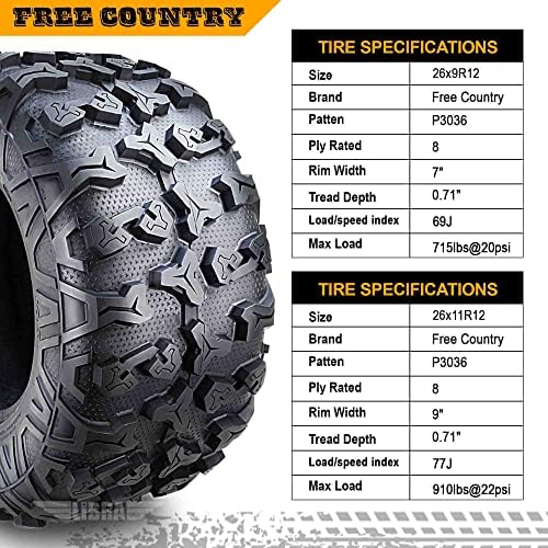 Free Country Set 4 HD 8PR UTV ATV Tires 24x8 12 & 24X10 11 w/Featured Full Side Lugs/Scuff Guard