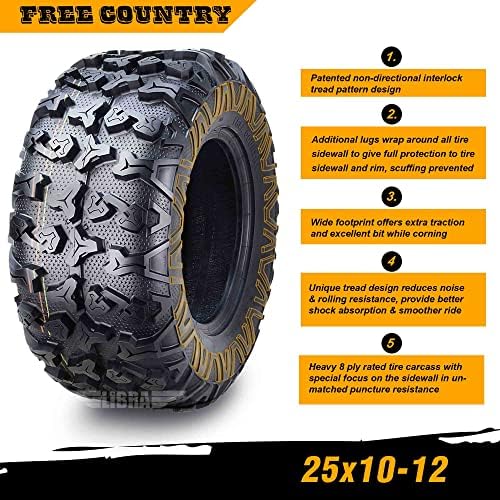Free Country Set 4 HD 8PR UTV ATV Tires 24x8 12 & 24X10 11 w/Featured Full Side Lugs/Scuff Guard