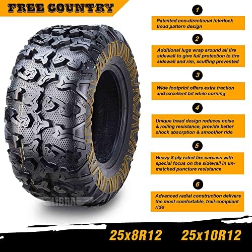 Free Country Set 4 HD 8PR UTV ATV Tires 24x8 12 & 24X10 11 w/Featured Full Side Lugs/Scuff Guard