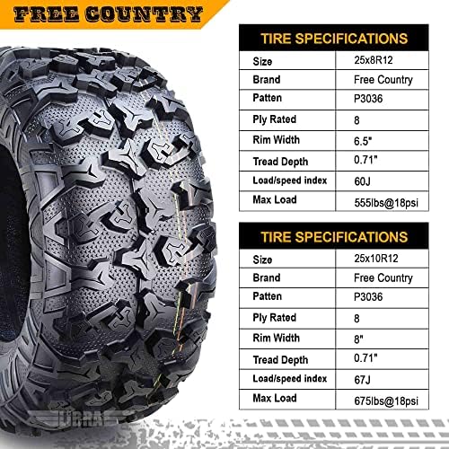 Free Country Set 4 HD 8PR UTV ATV Tires 24x8 12 & 24X10 11 w/Featured Full Side Lugs/Scuff Guard