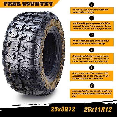 Free Country Set 4 HD 8PR UTV ATV Tires 24x8 12 & 24X10 11 w/Featured Full Side Lugs/Scuff Guard