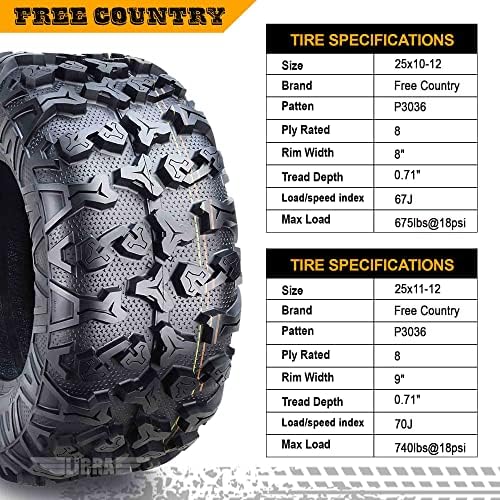 Free Country Set 4 HD 8PR UTV ATV Tires 24x8 12 & 24X10 11 w/Featured Full Side Lugs/Scuff Guard
